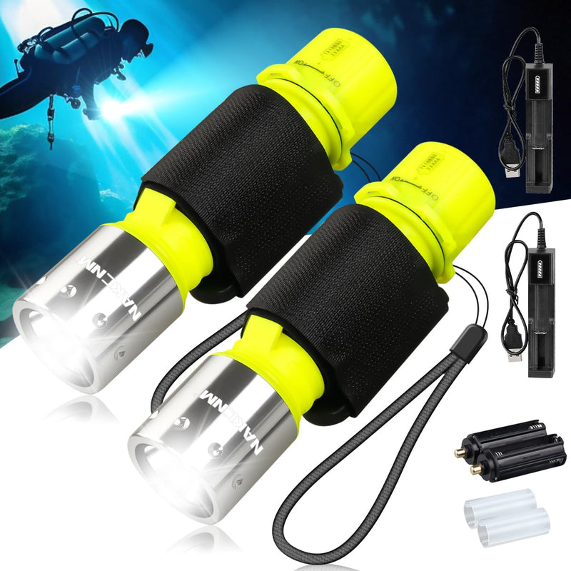 NAKCNM WishDeal 2 Pack Diving Flashlight Underwater LED Scuba Dive Lights Super Bright IPX8 Waterproof 3 Modes for Outdoor Activities with Rechargeable Battery and Charger - BeesActive Australia