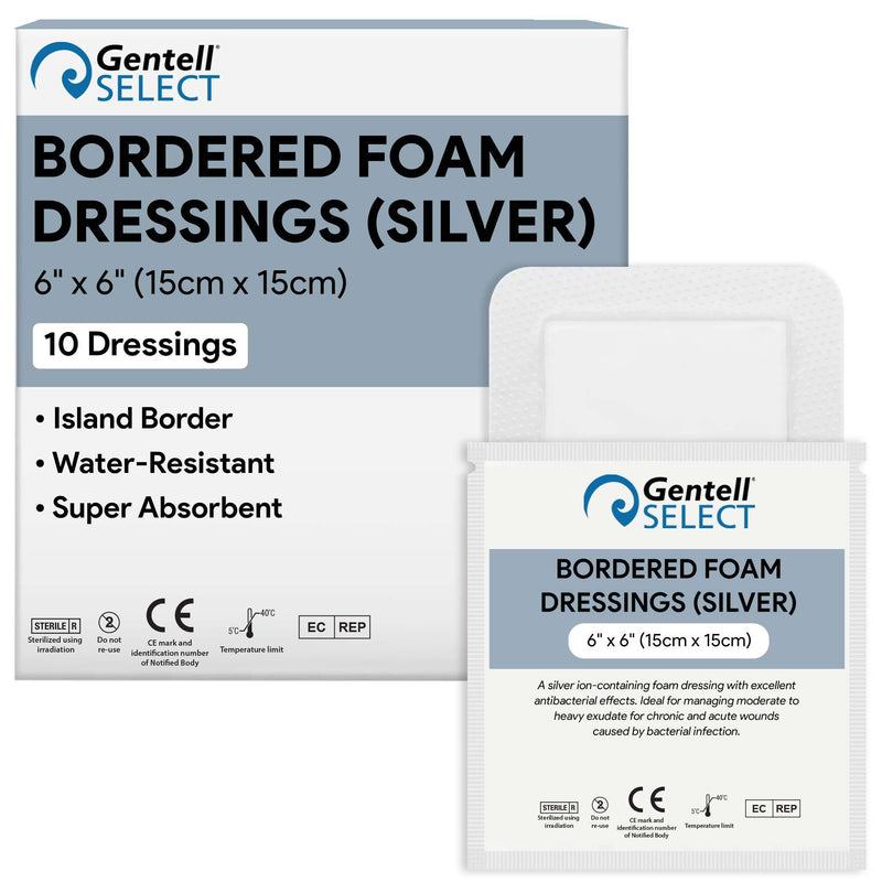 Bordered Foam Silver Dressings for Wound Care 6"x6" - 10 Ag Foam Dressings for Moderate to Heavy Wound Exudate - Highly Absorbent and Water Resistant 6"x6"