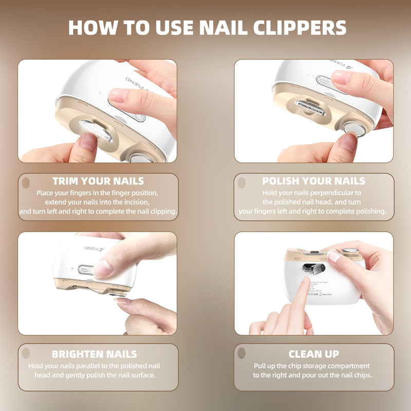 Electric Nail Clipper, Electric Nail Trimmer Suitable for Children, Adults, and Elderly, Automatic Nail Clipper with 2 Adjustable Speeds, Nail Clippers with LED Light and Chip Storage Box Beige