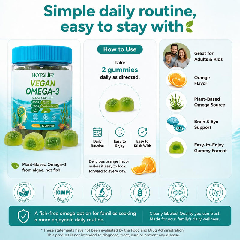 Omega 3 Gummies for Women Men Kids, 600mg Brain & Eye Support, Algae, 90Ct | Plant-Based Algae DHA EPA with Orange Flavor, Lutein, Zeaxanthin, Vitamins A C E, PS and Bacopa for 2-Gummy Daily Routine