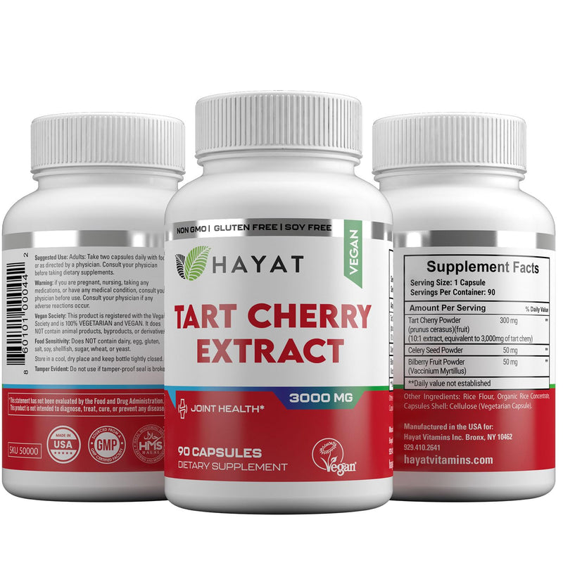 HAYAT Vitamins Vegan Natural Tart Cherry Extract 3000 MG, 3 Month Supply, Potent 10:1 Extract, All Natural, Certified Halal, 90 Capsules,