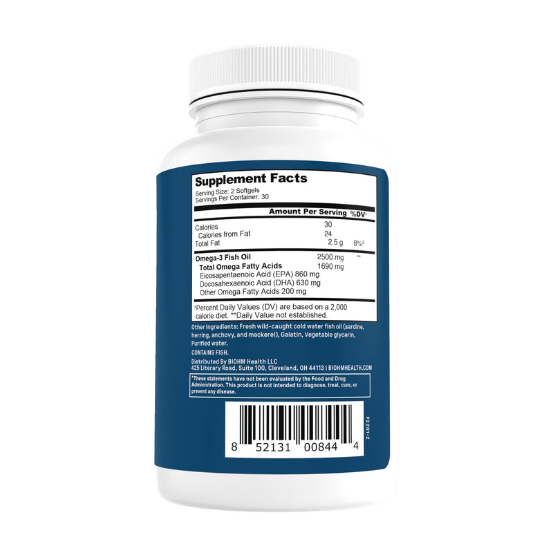 BIOHM Omega-3 Fish Oil 2500mg, 60 Softgels, High Potency 860mg EPA & 630mg DHA, Omega 3 Fatty Acid Supplements to Support Brain, Joint, Eye, Liver & Gut Health, Sustainably Sourced