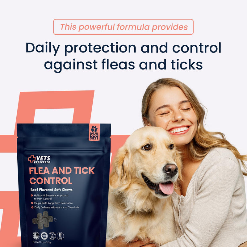 Vets Preferred Flea and Tick Prevention for Dogs Chewable - Daily Defense Without Harsh Chemicals - Immune Support & Antioxidant Protection - Beef Flavored - 90 Soft Chews