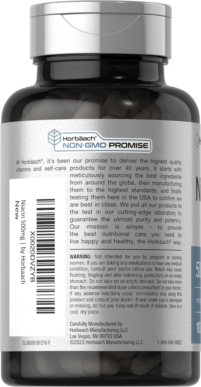 Horbäach Niacin | Vitamin B3 500mg | 100 Capsules | with Flushing | Non-GMO, and Gluten Free Supplement
