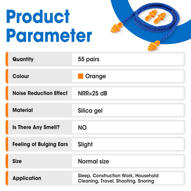 AZEN 55 Pairs Silicone Ear Plugs, Reusable Earplugs for Noise Reduction, 25dB NRR Corded Ear Plug for Sleeping Noise Cancelling, Ear Plug with String Individual Packing A-55pair