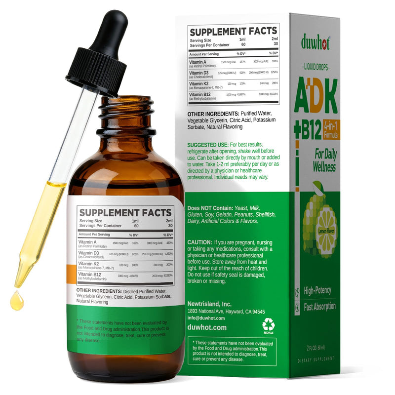 duwhot ADK + Vitamin B12 Liquid Drops, 2 Fl Oz | High Potency Vitamin A D3 K2 5000 IU / 10000 IU, B12 1000 mcg Supplement for Adults, Bone, Calcium Absorption