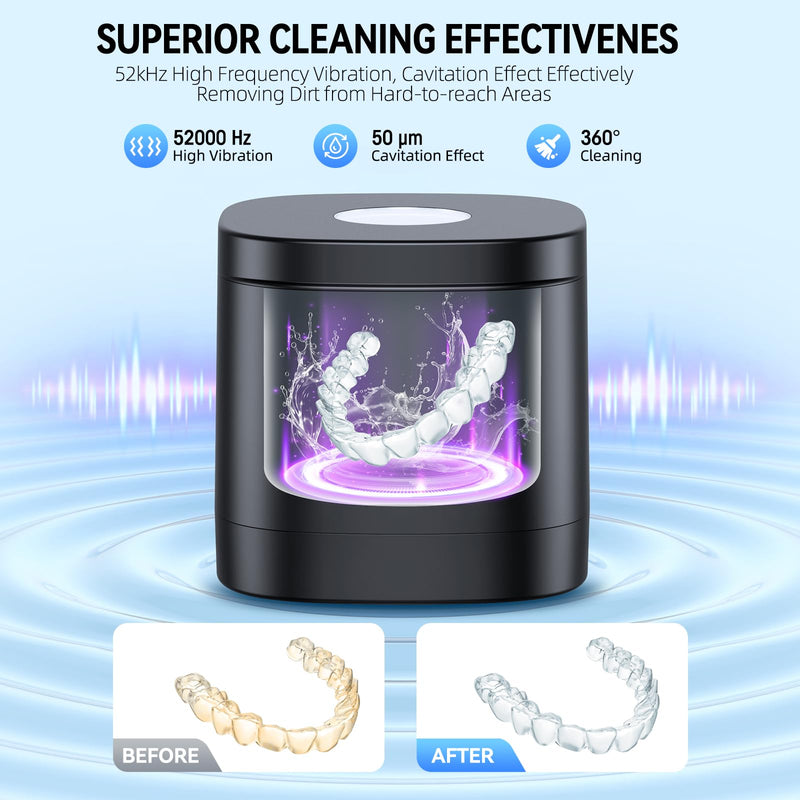 TEBAL Ultrasonic Retainer Cleaner Machine, 52kHz Ultrasonic Denture Cleaner for Mouth Guards, Braces, Toothbrush Heads, Jewelry, Dental Ultrasonic Cleaner with 250ML Capacity & Cleaning Brush, Black