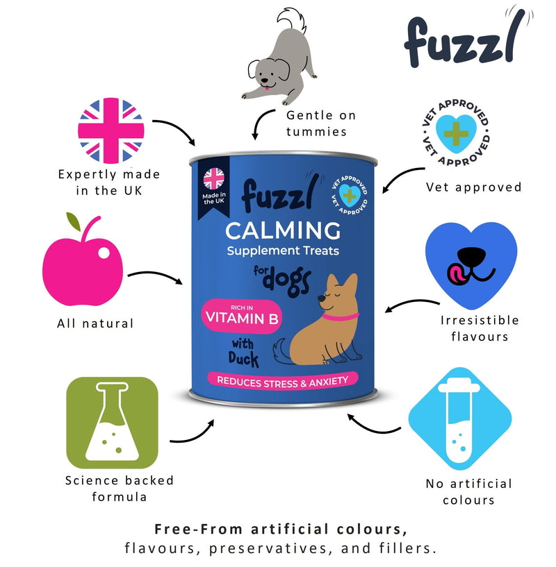 Fuzzl Calming Supplement Treats - Reduce Stress, Fear, Barking, Aggression, Separation and Travel Anxiety - Made in UK Science Backed Vet Approved 30 Treats