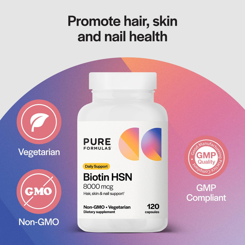 PureFormulas Biotin 8000 mcg Hair Skin Nails Biotin Supplement Biotina, Biotin Hair Growth Vitamins B7 Supplement for Women & Men 120 Capsules (Pack of 2) 120 Count (Pack of 2)