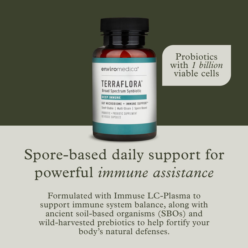 Terraflora Deep Immune Synbiotic, SBO Spore Probiotic, Immune, 60 Ct | Soil-based spore probiotics & prebiotics with LC-Plasma & Bacillus strains. Immune & gut support, vegan. 60 caps.