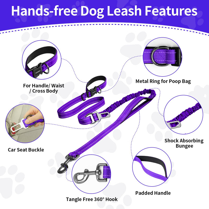 Kazazoo Hands-Free Dog Leash with 6-9FT Adjustable Length - Heavy Duty No Pull Bungee Design, Reflective Safety for Walking, Jogging & Training | Suitable for Medium to Large Dogs Purple L PRUPLE