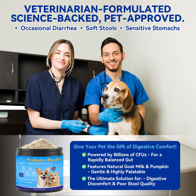 Probiotic Powder for Dogs and Cats - 5-in-1 Formula Supports Gut Health, Digestion and Immune System - with Digestive Enzymes and Pumpkin - Natural Chicken Flavor, 150g