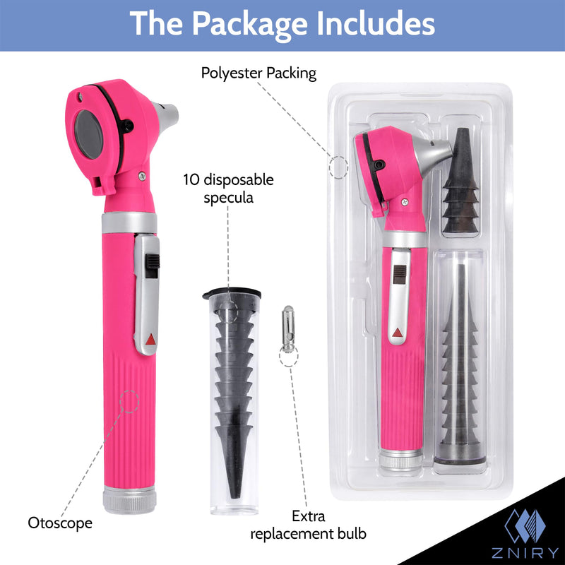 Pocket LED Otoscope for ENT Examination – Bright Light Diagnostic Tool for Students & Home Use, Pink, 10 Specula + Extra Bulb - BeesActive Australia