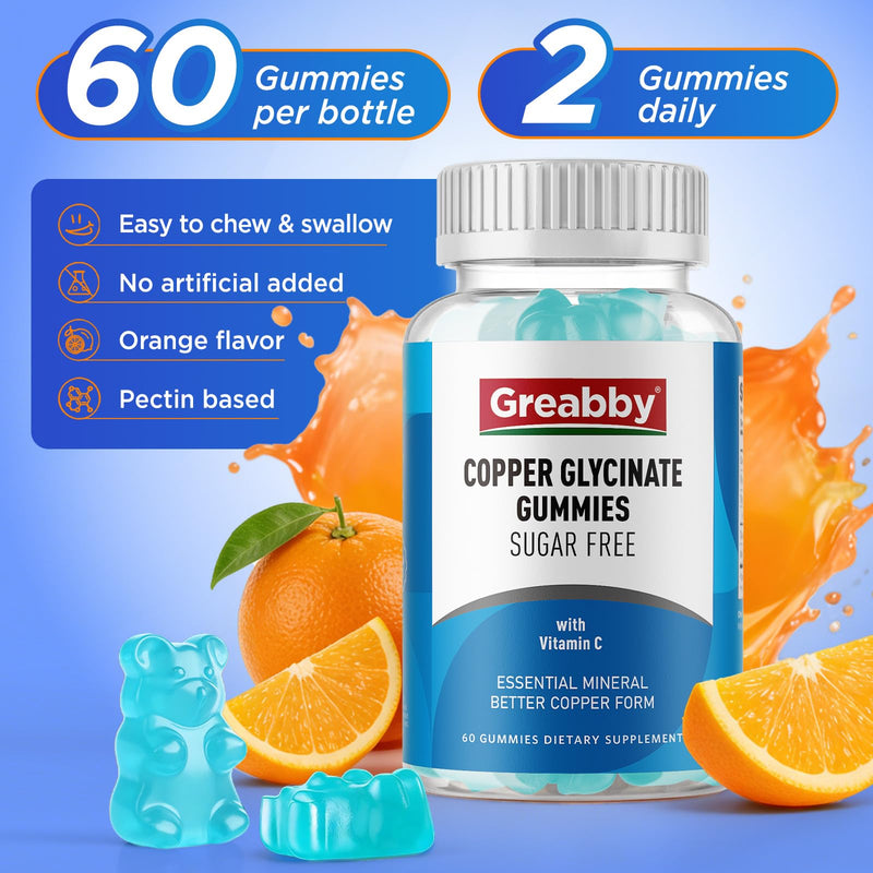 Copper Supplements Gummies, 2mg Chelated Copper Glycinate, 60 Count | Copper with Vitamin C, High Absorption for Women Men Adults, Immune, Energy, Skin & Bone Health, Sugar Free