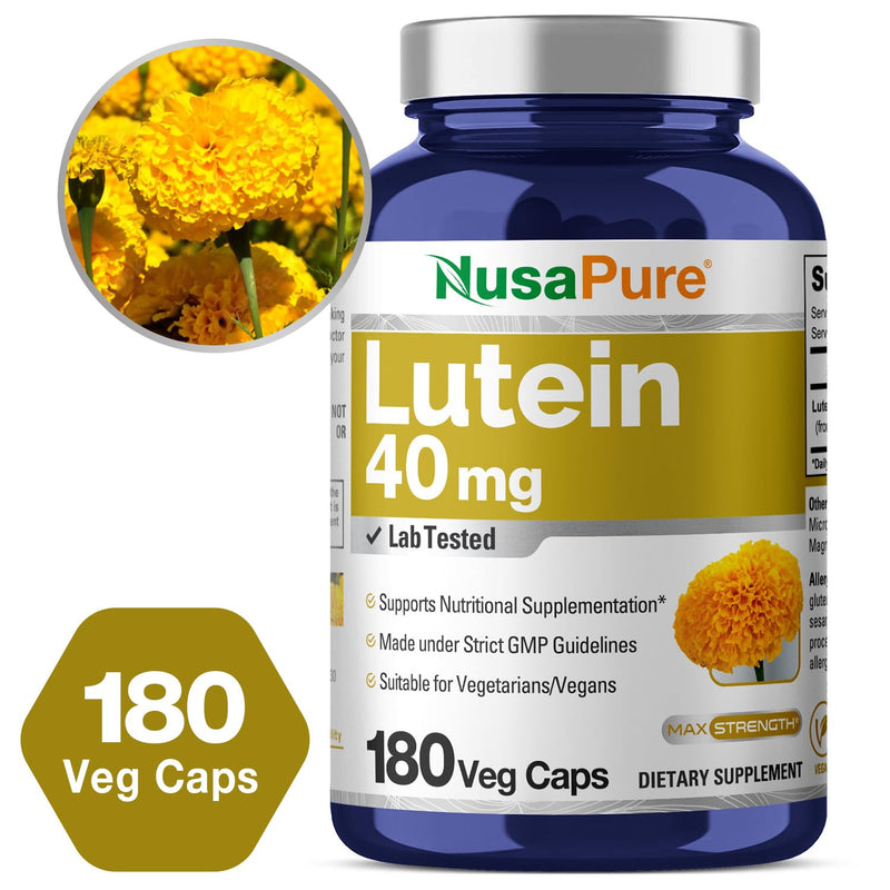 NusaPure Lutein, Non-GMO, Vegan, 40mg, 180 Veggie Capsules - 180 Servings | Carotenoid Formula, Tagetes Erecta, Marigold Flower Extract, Suitable for Adults, Made in cGMP Registered Facility USA