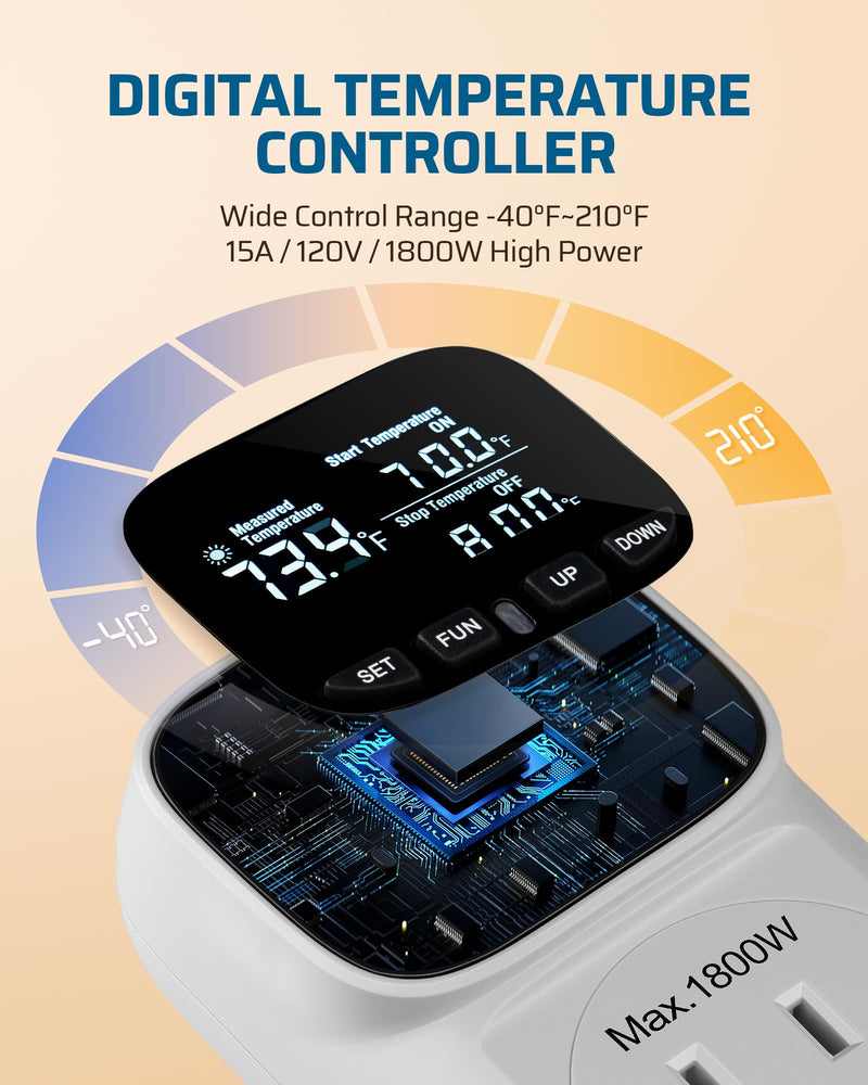 DEWENWILS Digital Temperature Controller, Heavy Duty 15A/1800W Thermostat Outlet Plug, VA Display Heating Cooling Control Timer, -40℉~210℉, Cyclic Timing/Countdown, for Greenhouse Incubator Homebrew White 1 Pack - BeesActive Australia