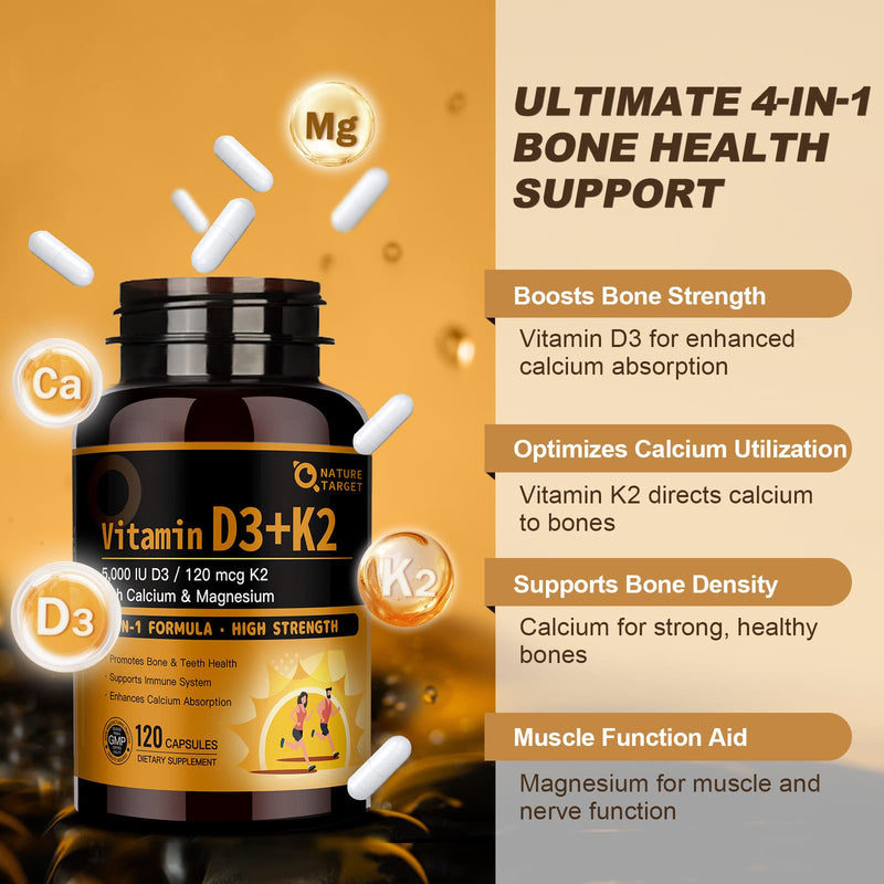 NATURE TARGET Vitamin D3 K2 with Calcium & Magnesium, 120 Count | Max Strength 4-in-1 Formula, 5000 IU Vitamin D3 and 120 mcg Vitamin K2, for Bone, Heart, and Immune Support 120 Count (Pack of 1)