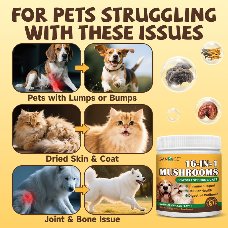 Mushroom for Dogs & Cats Lumps & Bumps, Turkey Tail Mushroom for Dog with MSM for Joint Health, 16 in 1 Dog Mushroom Powder with Reishi, Lion’s Mane-Immune, Cognitive, Digestive, Liver Health & Skin
