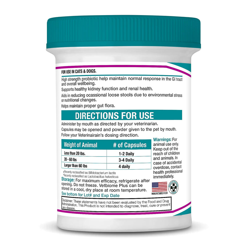 Vetbiome +® Plus High Strength Probiotics for Pets (40 Capsules) - 120 Billion CFU, 9 - Strain Formula – Third Party Tested - Made in U.S.A