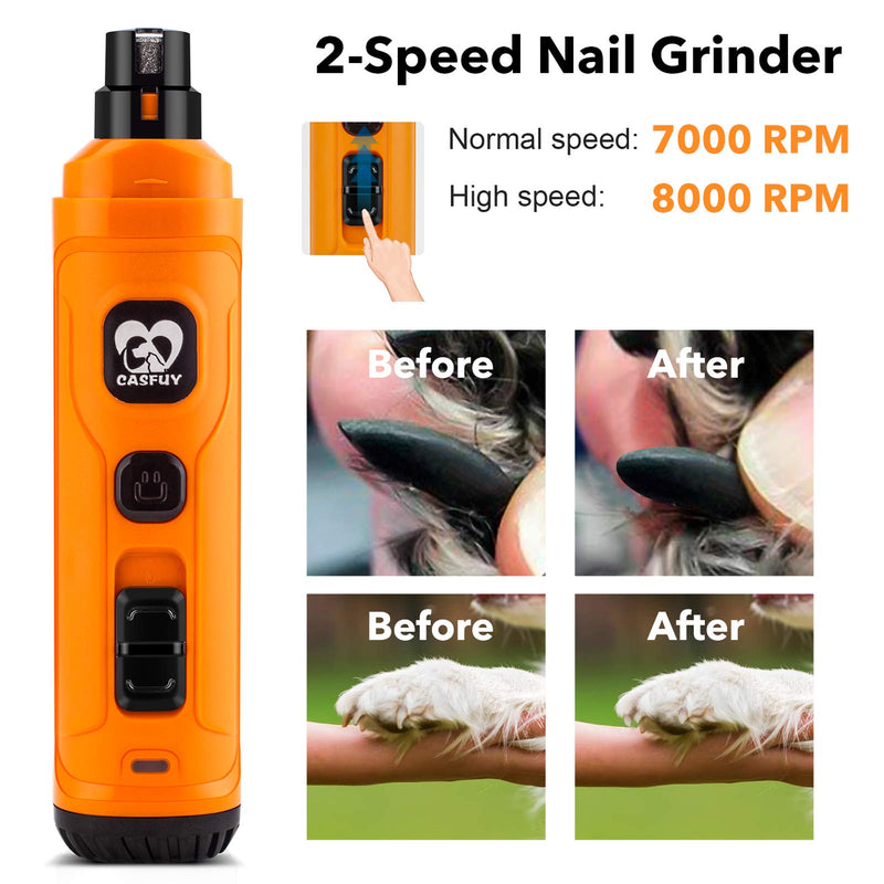 Casfuy Dog Nail Grinder with 2 LED Light - New Version 2-Speed Powerful Electric Pet Nail Trimmer Professional Quiet Painless Paws Grooming & Smoothing for Small Medium Large Dogs and Cats (Orange) A-Orange - BeesActive Australia