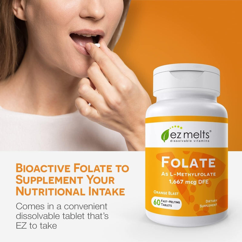 EZ Melts Dissolvable Folate 1,667 mcg DFE - Methylated Folate Supplement - Heart Health & Healthy Fetal Development - Non-GMO, Vegan & Dairy-Free - Orange Blast -120 Dissolvable Tablets (120 Servings) 60 Count (Pack of 2)