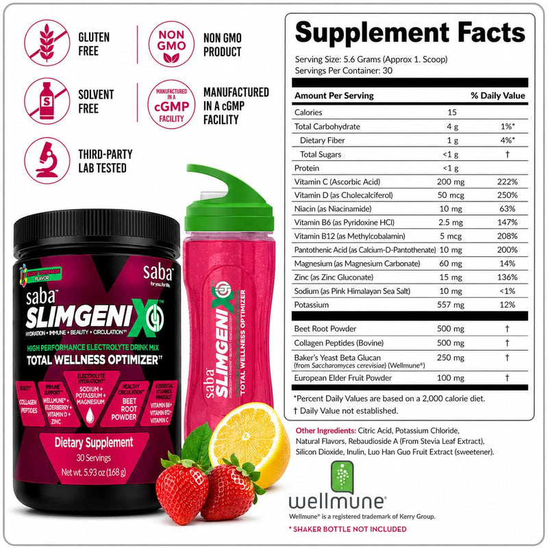 Saba SlimGenix IQ Electrolyte Powder Drink Mix – Hydration + Immune Support with Wellmune, Vitamin C & Zinc | Energy, Recovery & Daily Hydration | Berry Lemonade | 30 Servings