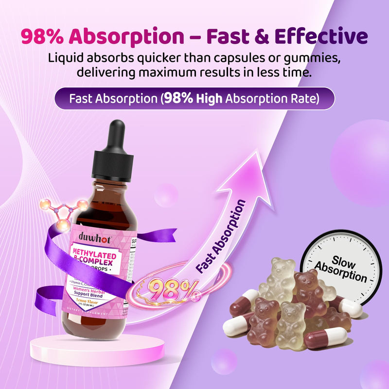 duwhot Women Methylated B-Complex Liquid Drops, 2 Fl Oz | Active B Vitamins B1 B2 B6 B9 (5-MTHF) & B12 1000 mcg, Vitamin C, Magnesium, Inositol, Choline & Herbal Blend
