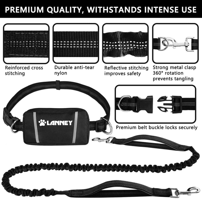 Hands Free Dog Leash, Waist Running Leash with Zipper, Walking Pouch for Medium Large Dogs, Dual Handle and Retractable Bungee for Training Jogging Hiking Black/Black