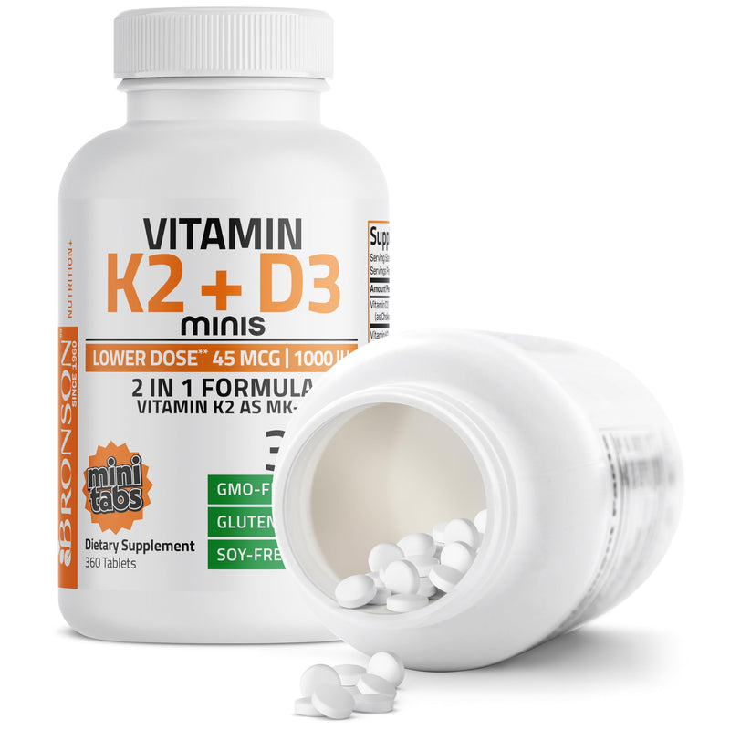 Bronson Vitamin K2 MK-7 45 mcg + D3 1000 IU (25 mcg), 360 Mini Tablets | Lower-Dose Daily Maintenance, Easy to Swallow, Bone Health Support, Non-GMO, Gluten-Free & Soy-Free 360 Count (Pack of 1)