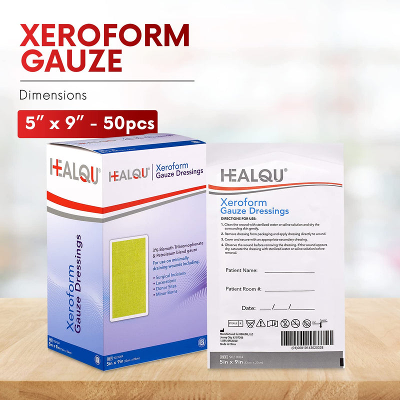 HEALQU Medical Xeroform Petrolatum Dressing - Non-Adherent Gauze Pad for Low Exudating Wounds - Soft Mesh Gauze Patch Sterile for Wound Care Lacerations, Burns & Skin Grafts (5"x9" (50 Pack)) 5"x9" (50 Pack)