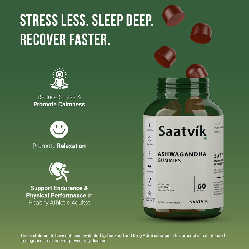 Saatvik Zero Sugar Ashwagandha & Vitamin D Gummy - 60 Count - Mixed Berry, KSM-66, Vegan, Plant Based, Non-GMO, Gluten-Free & Gelatin Free Relax. Restore. Unwind, Pack of 1