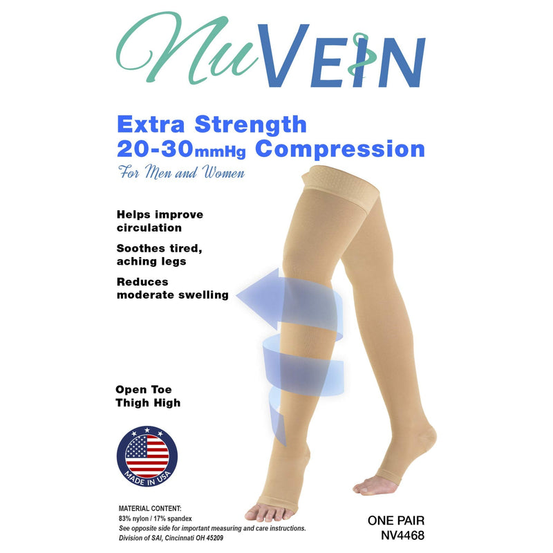 NuVein Medical Compression Stockings, 30-40 mmHg Support, Women & Men Thigh Length Hose, Open Toe, Black, Medium Medium (1 Pair)
