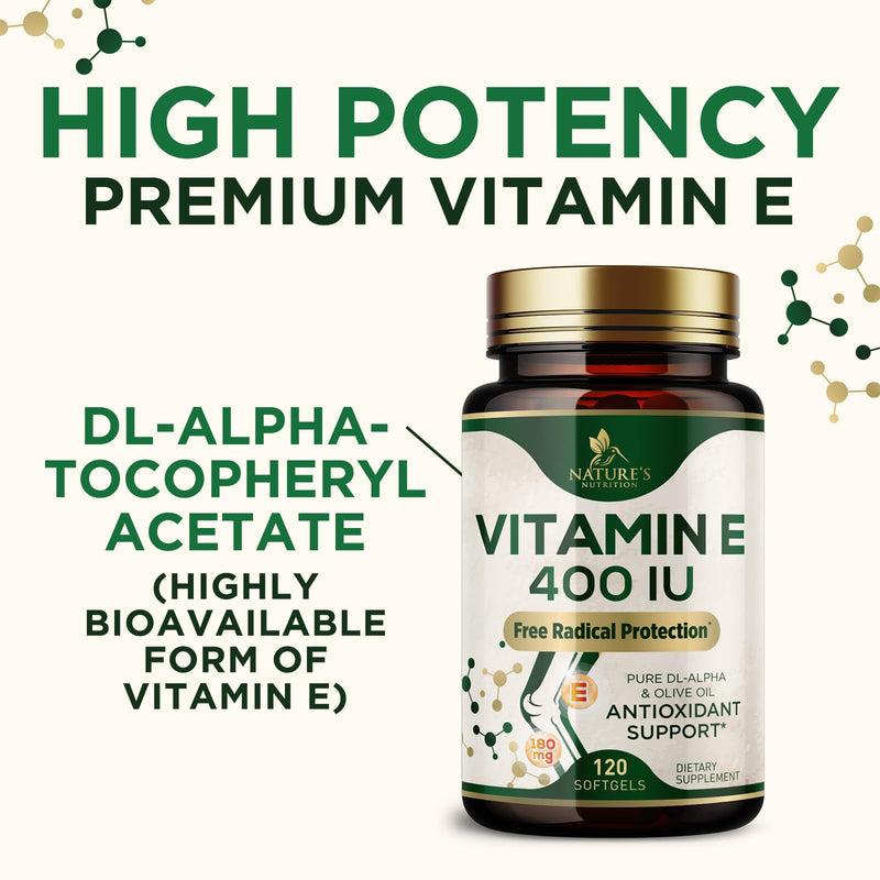 Vitamin E 180mg Per Serving - E Vitamins DL-Alpha, Antioxidant-Rich Dietary Supplement for Skin, Heart, and Immune Support, USA Bottled, Easily Absorbed, Non-GMO & Gluten Free - 120 Softgels 120 Count (Pack of 1)