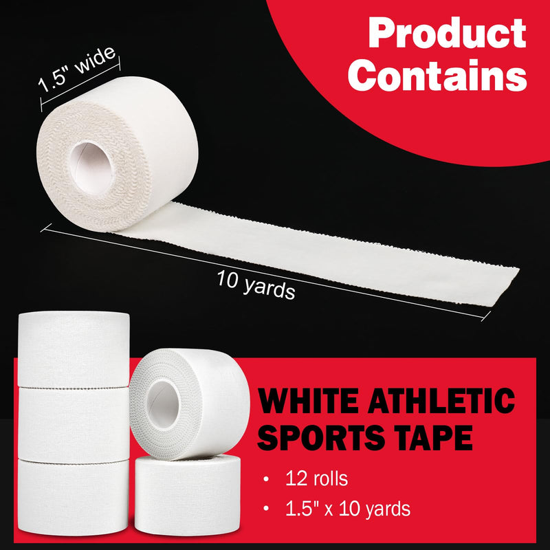 AZEN 12 Pack Athletic Sports Tape, Athletic & Medical Trainers & First Aid Tape for Injuries, Wrist Ankle Finger Tape, Easy to Tear & No Sticky Residue, 1.5 in X 10 Yards (White) B-12p - BeesActive Australia