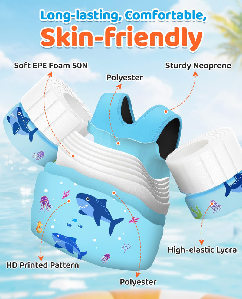 HeySplash Swim Vest for Kids, Toddler Pool Floaties, Children Swimming Vest with Adjustable Strap, Swim Jacket Water Wing Arm Float, Puddle Sea Beach Boat Jumper Boy Girl Baby A Blue Shark for kids 33-66 lbs - BeesActive Australia