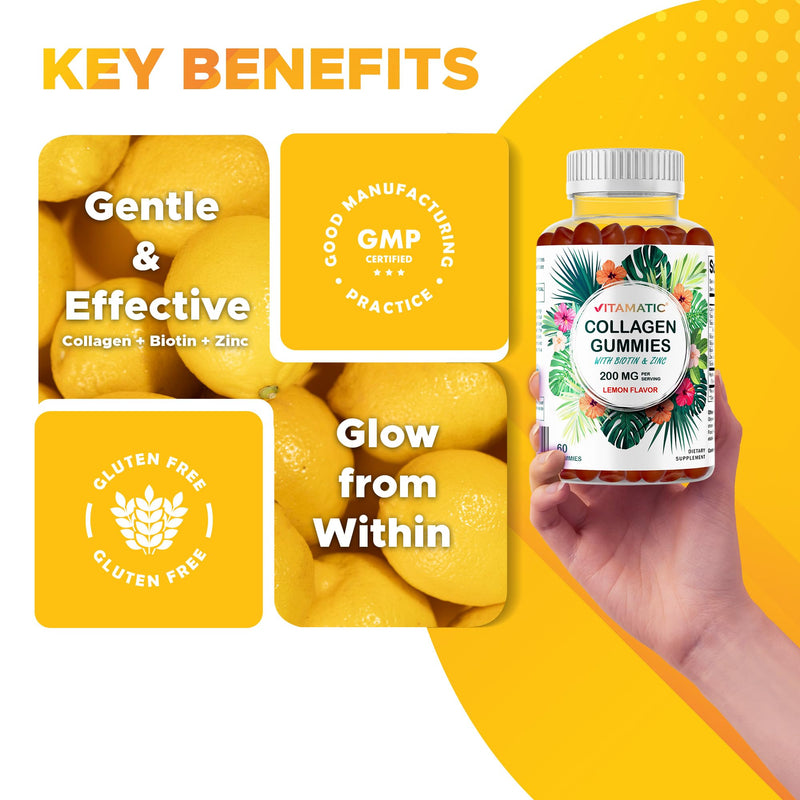 Vitamatic Hydrolyzed Collagen Gummies with Vitamin C, Zinc and Biotin, 200 mg - Healthy Skin Support - 240 Gummies