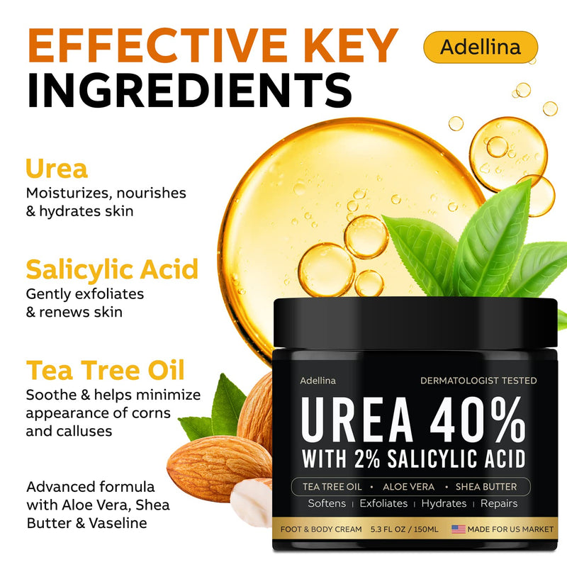 Adellina Urea Cream 40 Percent for Feet Maximum Strength, Urea Foot Cream for Dry Cracked Heels Feet Knees Elbows, 40% Urea Foot Repair Lotion 5.3 OZ - BeesActive Australia