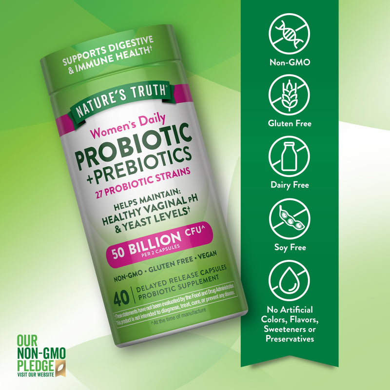 Nature's Truth Women's Daily Probiotic & Prebiotics | 50 Billion CFU | 40 Capsules | Vegan, Non-GMO & Gluten Free Supplement