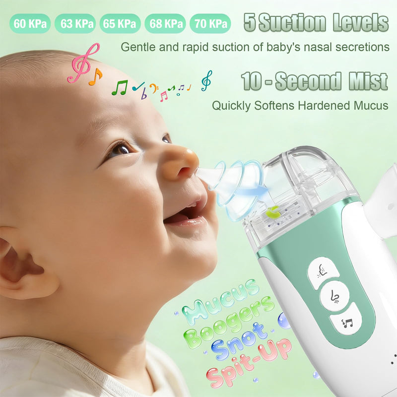 Smart Baby Nasal Aspirator, 2-in-1 Electric Nose Sucker for Toddlers with Spray, 5-Level Suction, Soothing Music, 2 Silicone Tips, USB-C Charge, Storage Case | Nasal Aspirator for Baby (Olive Green) - BeesActive Australia