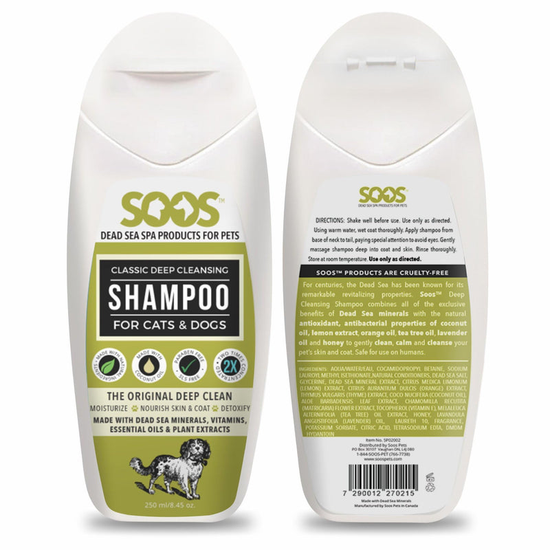 Soos Pets Dog Shampoo for Cats and Pets Natural Dead Sea Classic Deep Cleansing Fast Absorbing Coat with Vitamins Minerals Essential Oils Natural Ingredients Antib-acterial - 1x Pet Shampoo (250ml) - PawsPlanet Australia