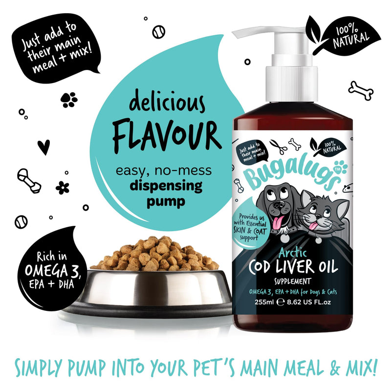 Bugalugs Cod liver Oil for Dogs & Cats, EPA & DHA, Fish Oil for Dogs Skin & Coat dog supplements health supplies for dogs more omega 3 for dogs than salmon oil for dogs uk (255ml, Cod Liver Oil)
