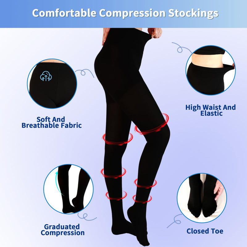 Medical Compression Tights, 20-30 mmHg Closed Toe Compression Pantyhose Black Medium