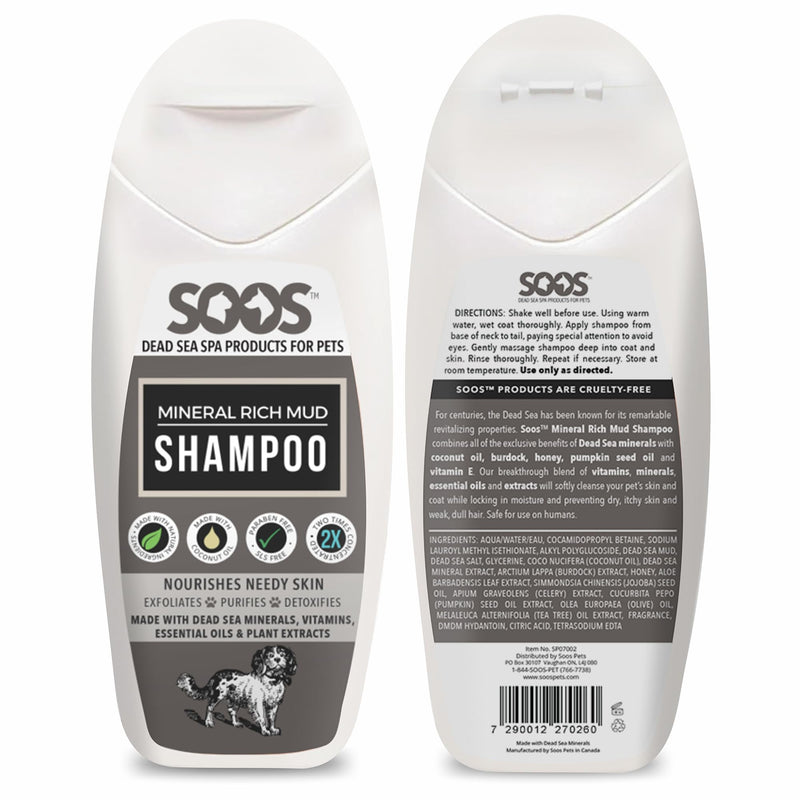 Soos Pet Dog Shampoo for Cats and Pets Mineral Rich Mud Natural Dead Sea Cruelty Free Fast Absorbing Skin Cooling First Aid Antib-acterial and Antif-ungal Odor Remover - 1x 250ml - PawsPlanet Australia