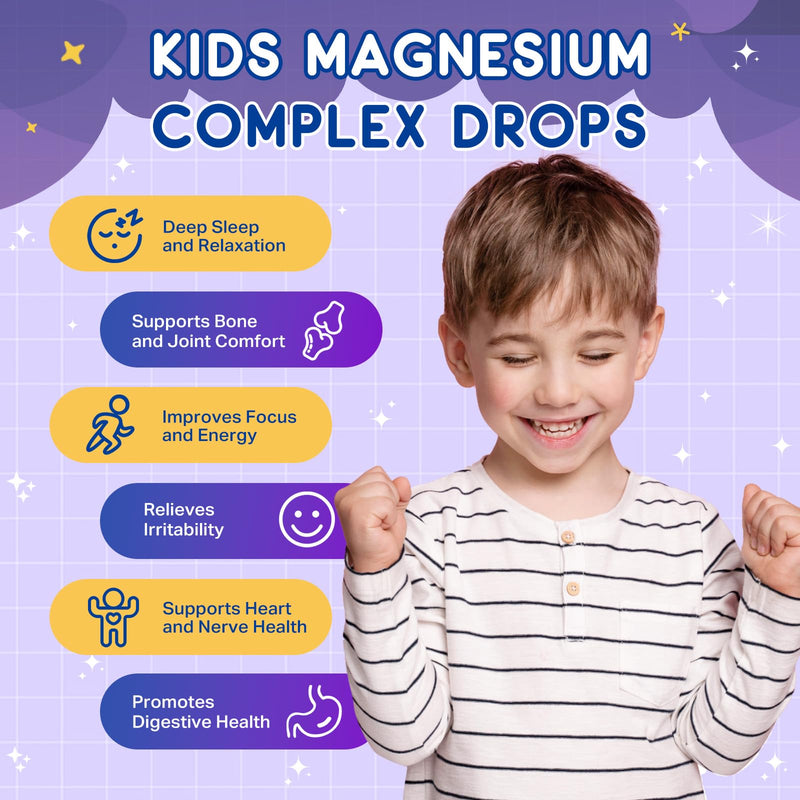 Magnesium Complex Liquid for Kids, Magnesium Glycinate, Malate, Taurate, Citrate with L-Theanine, Vitamin B6, B12, D3 Kids Liquid Drops for Sleep, Relaxation, Calm, Focus - 4 Fl Oz, Strawberry Flavor 4 Fl Oz (Pack of 1)