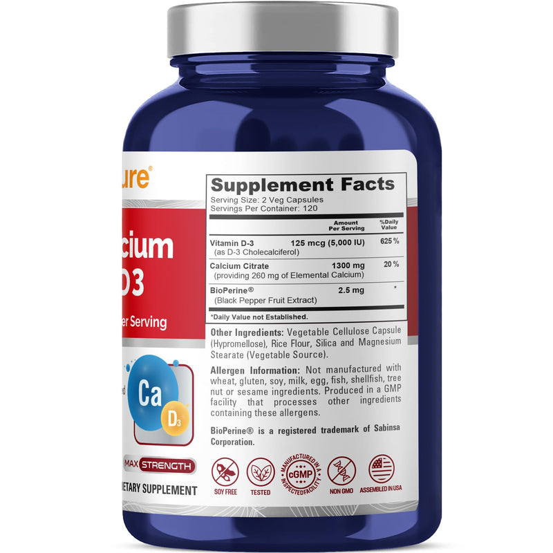 Super Calcium with Vitamin D3 Non GMO 1300 mg 240 Veg Capsules -120 Serves | Calcium Citrate Complex, Supports Nutritional Supplementation,Vegan, Manufactured in USA cGMP registered facility
