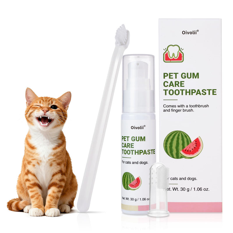 Cat Toothpaste Kit for Gum Care – Watermelon Flavor Dental Toothpaste with Finger Brush & Long-Handle Toothbrush – Soothes Gums, Freshens Breath, Reduces Plaque – Safe & Gentle for Daily Use