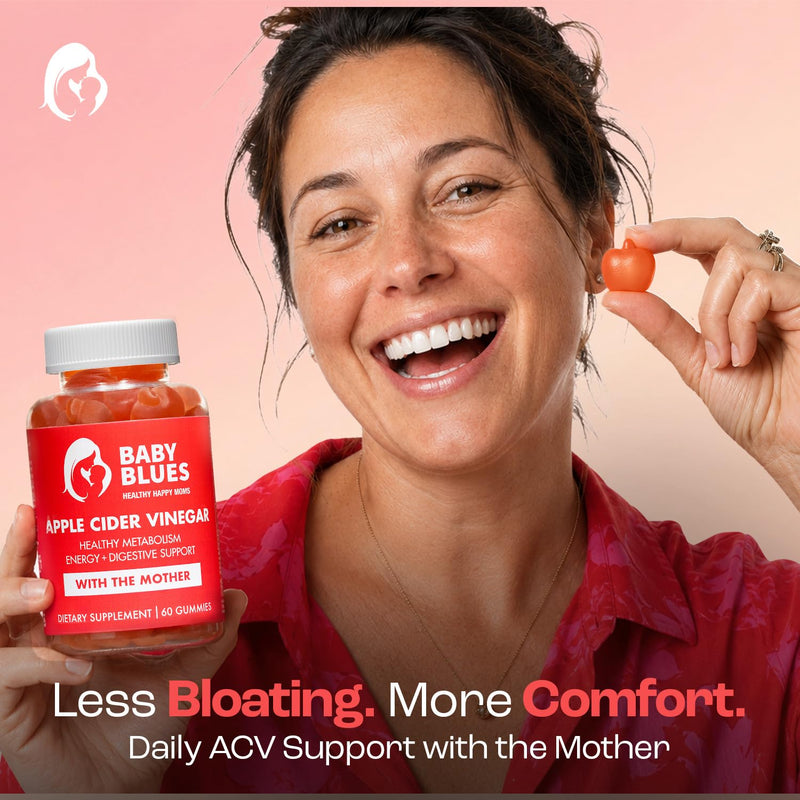 Baby Blues Apple Cider Vinegar Gummies with the Mother for Bloating, Metabolism and Healthy Weight, Postpartum and Breastfeeding Women, Apple Flavor, Vegan, 60 Count