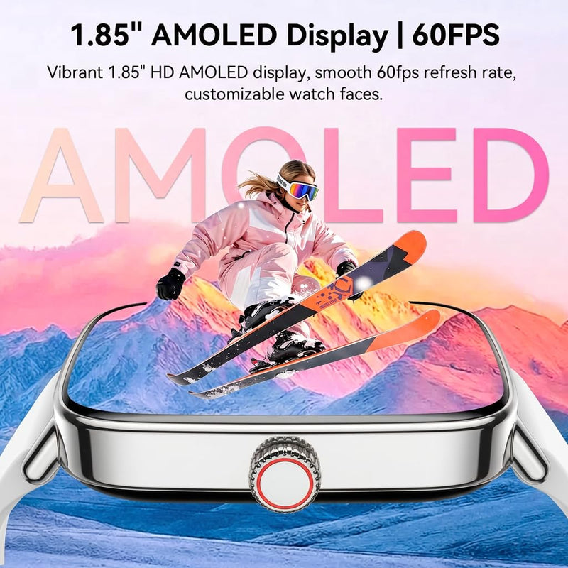 Smart Watch for Women Men, 1.85" HD AMOLED Fitness Tracker (Answer/Call) with 24/7 Heart Rate/Sleep/SpO2 Monitor for iPhone & Android, 120+ Sports Modes Smartwatch with IP68 Waterproof, 2 Bands White