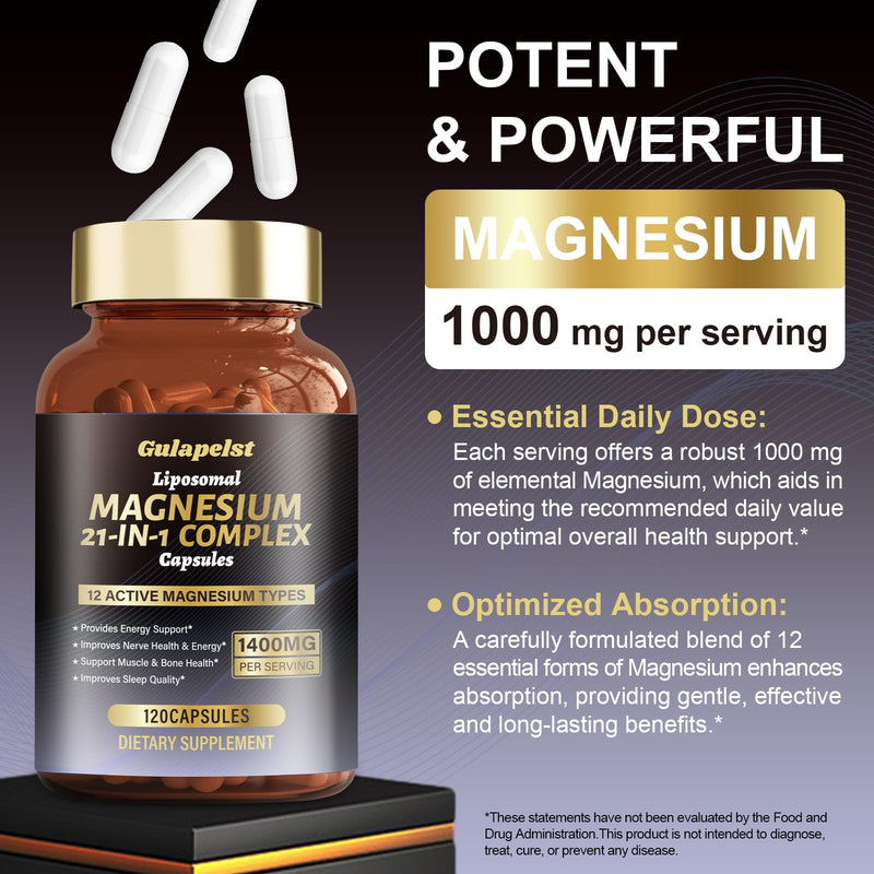 2 Packs Liposomal 1400mg Magnesium Complex (Citrate, Glycinate, Malate etc) Capsule - 12 Active Types Magnesium with Vitamin D3, B6, B12, C, Ashwagandha & CoQ10 for Women & Men -Support Bone & Muscle 120 Count (Pack of 2)