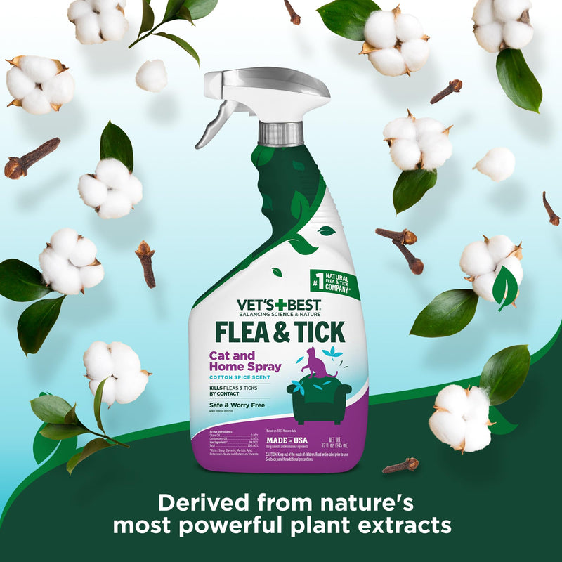 Vet’s Best Flea & Tick Home Spray for Cats – Plant-Based Flea and Tick Treatment with Cotton Spice Scent – Gentle Flea Mist for Indoor Use – Made in USA Natural Cat Flea Control – 32 oz